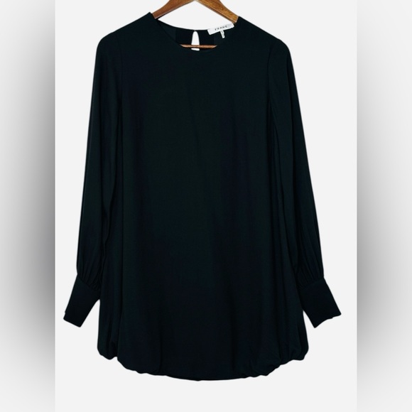 FRAME Black Shift Mini Dress XS Long Balloon Sleeve Bubble Hem LBD - Picture 2 of 8